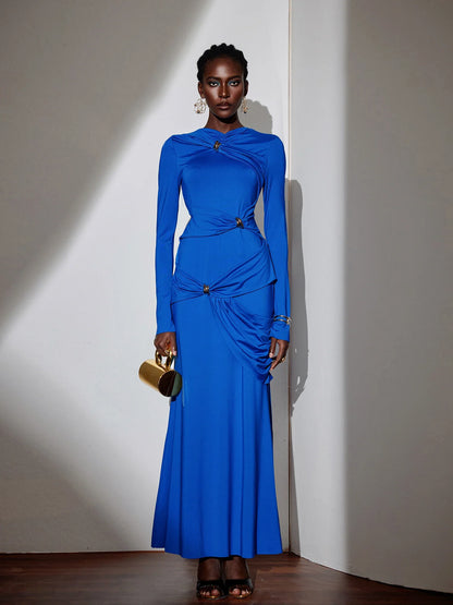 Metallic Ruched Tie Detail Bodycon Maxi Dress