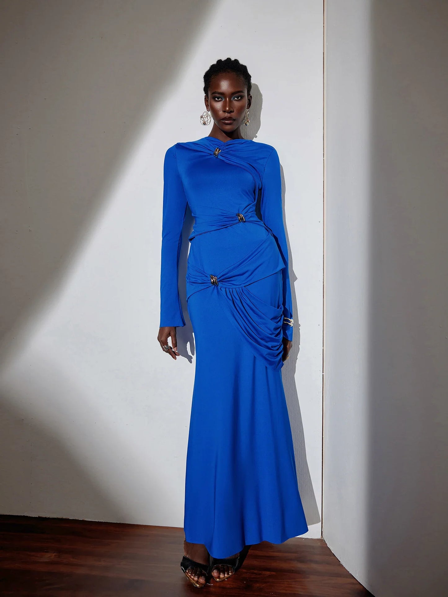 Metallic Ruched Tie Detail Bodycon Maxi Dress