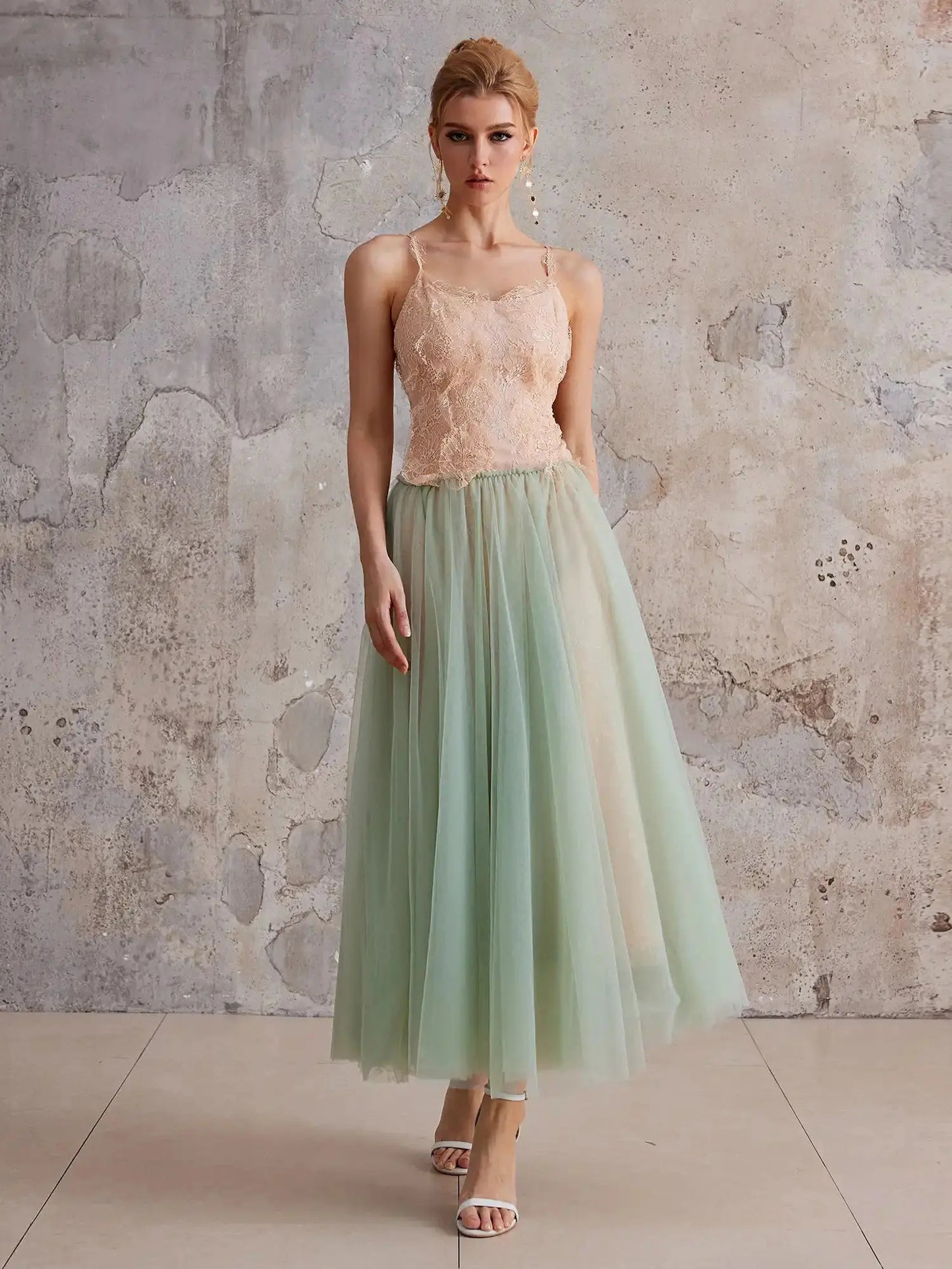 Mint-Gradient Lace Sheer Midi Dress