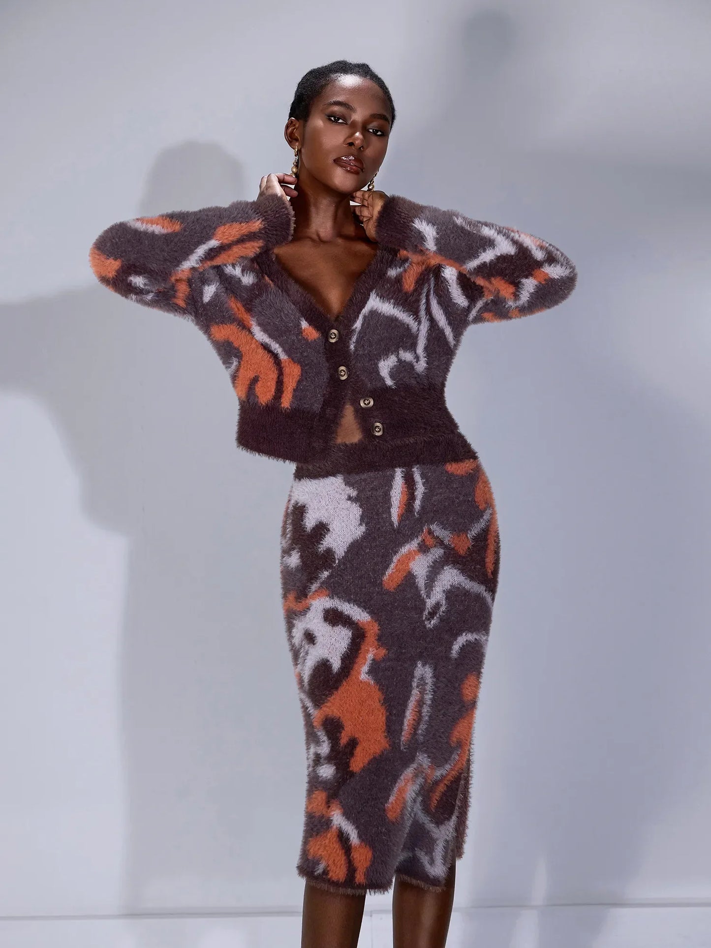 Multi-Color V-Neck Plush Two-Piece Set