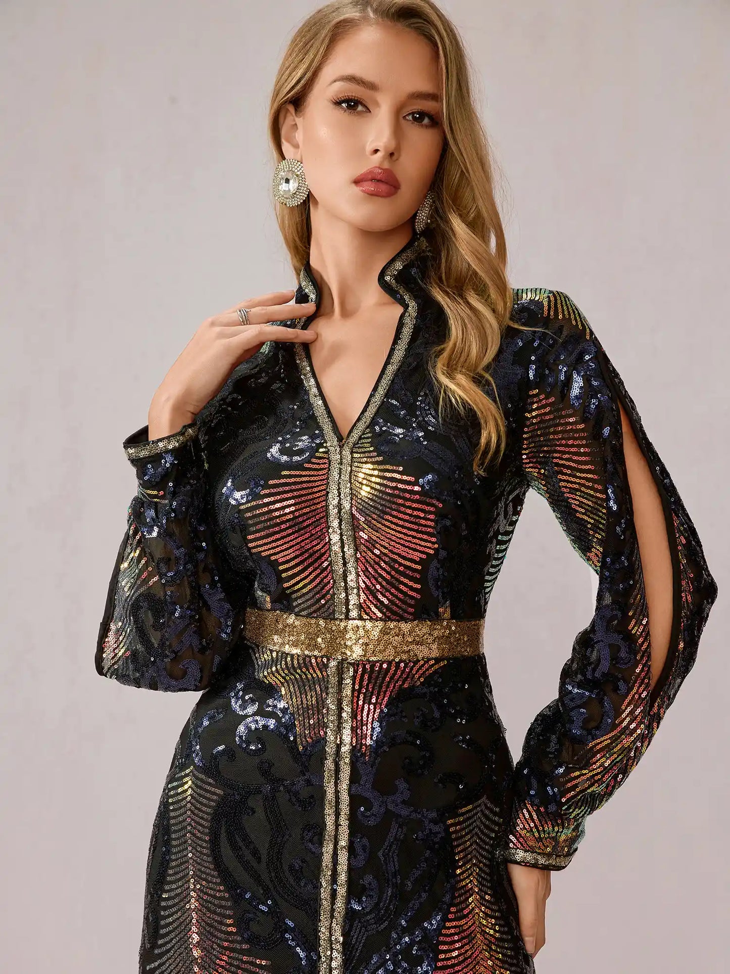 Multicolor Sequin Slit Evening Maxi Dress