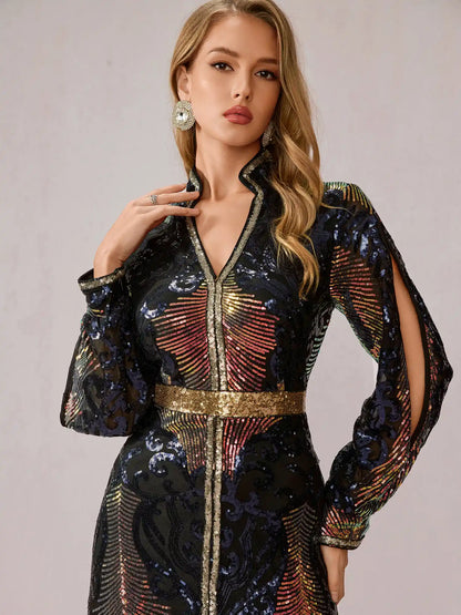 Multicolor Sequin Slit Evening Maxi Dress