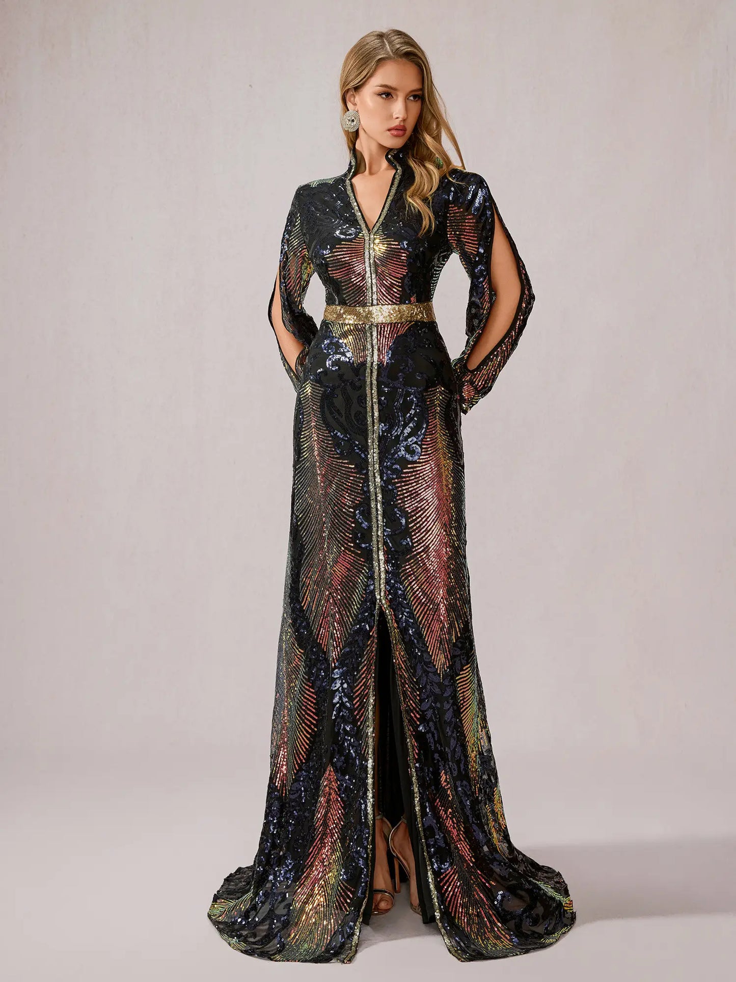 Multicolor Sequin Slit Evening Maxi Dress