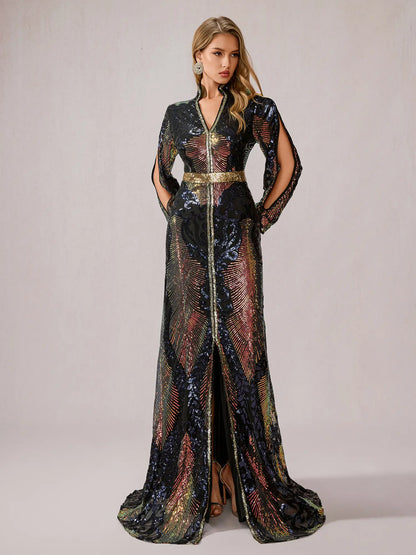 Multicolor Sequin Slit Evening Maxi Dress