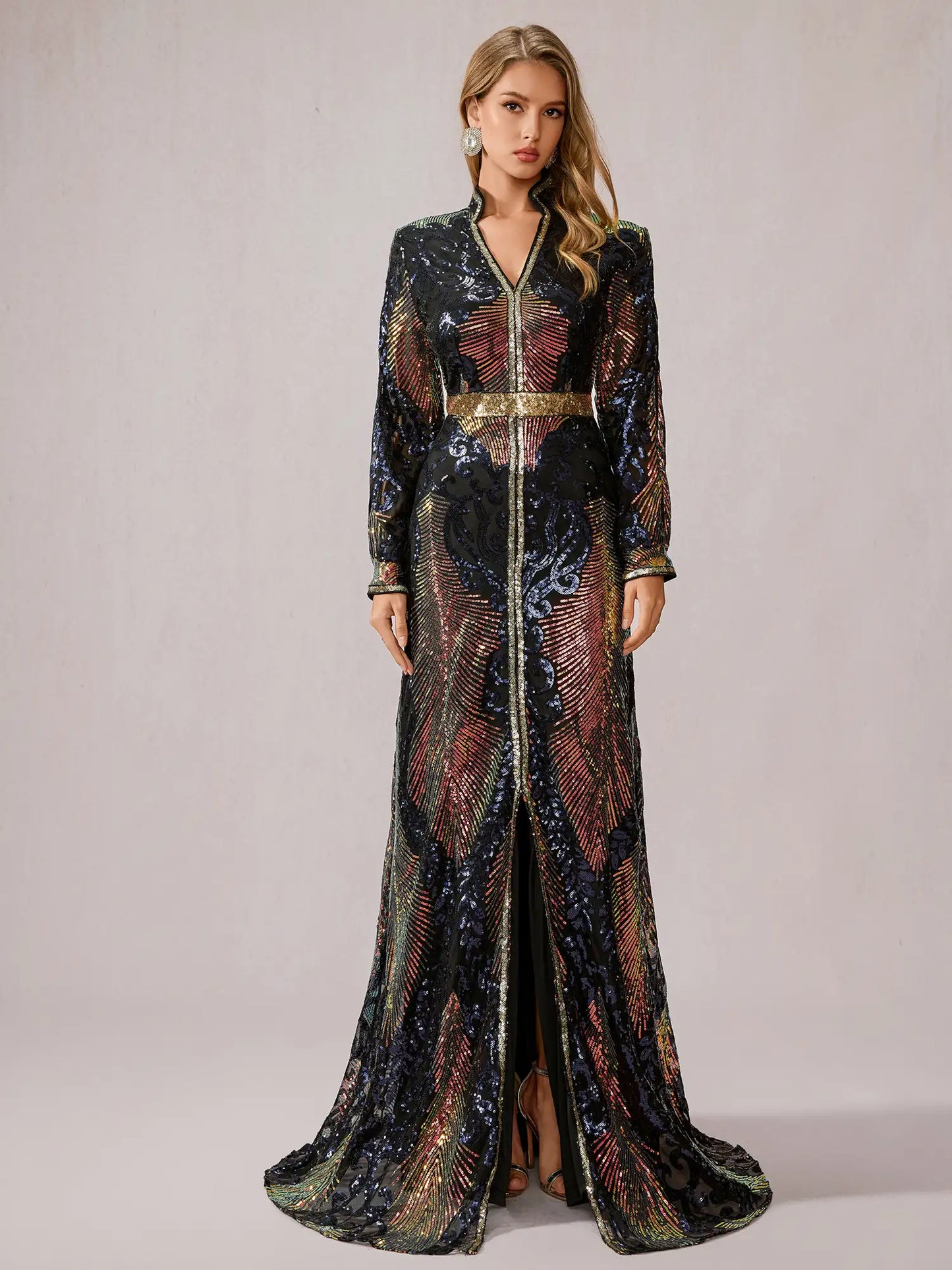 Multicolor Sequin Slit Evening Maxi Dress