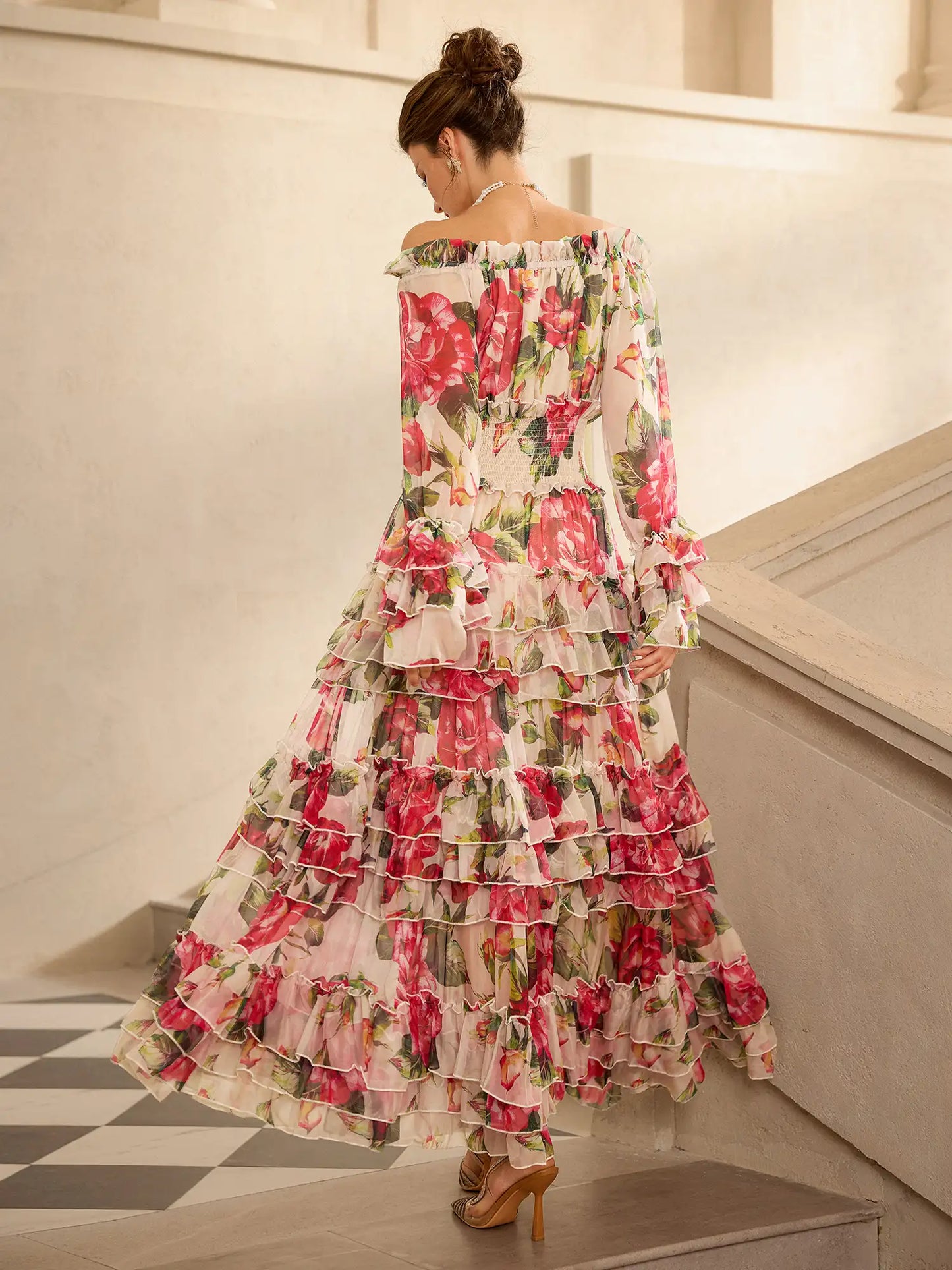 Off Shoulder Rose Print Elegant Midi Dress