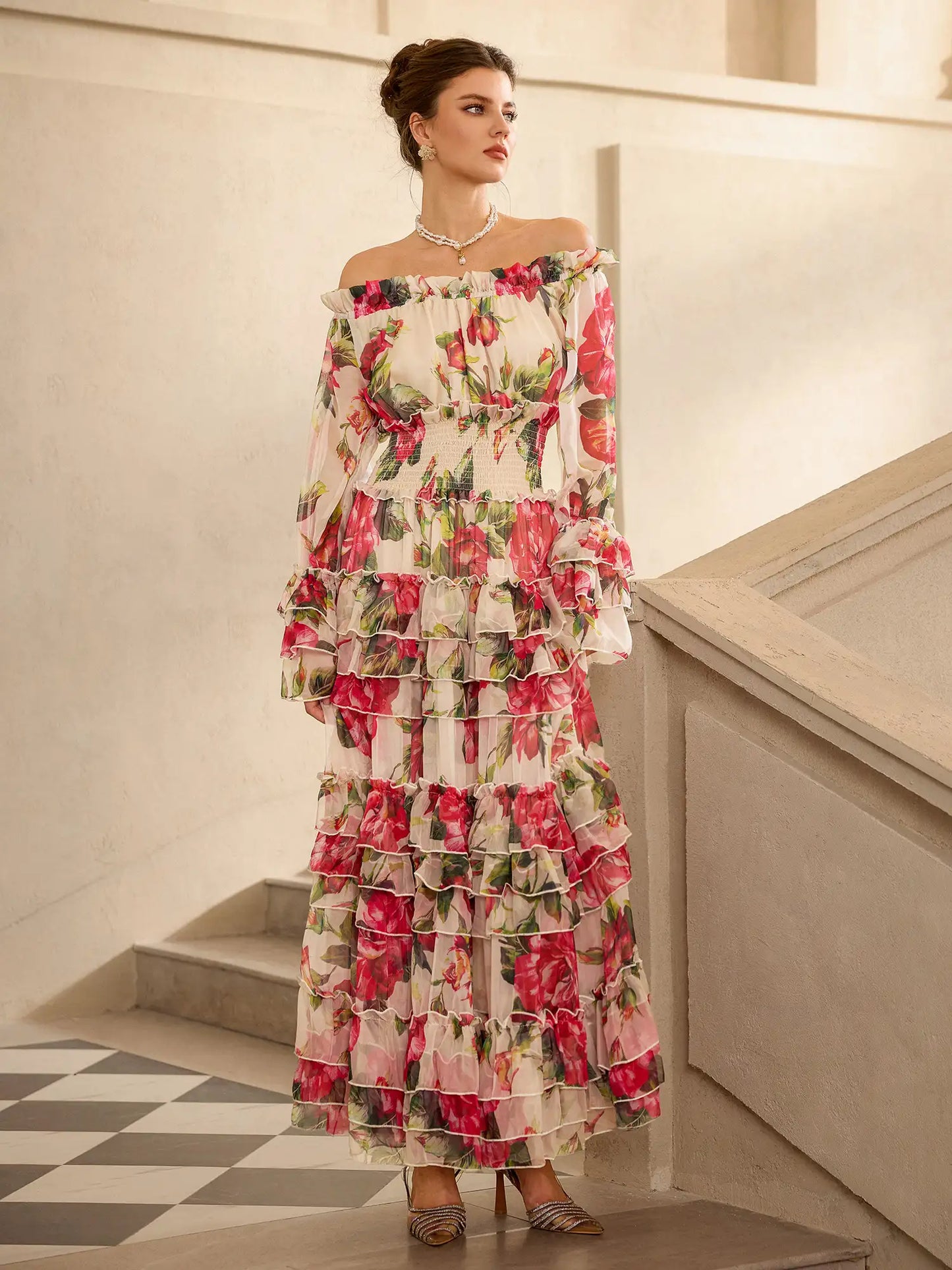Off Shoulder Rose Print Elegant Midi Dress