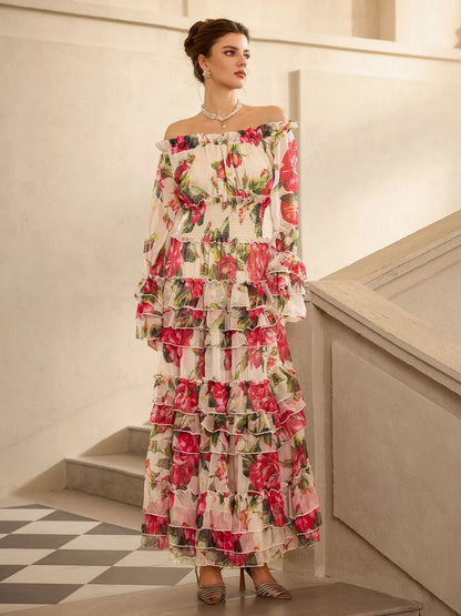 Off Shoulder Rose Print Elegant Midi Dress