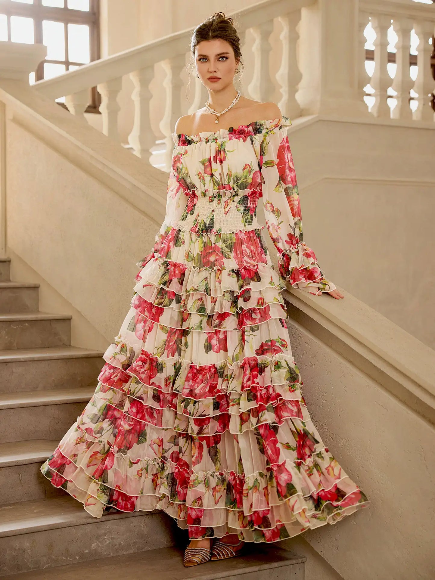 Off Shoulder Rose Print Elegant Midi Dress