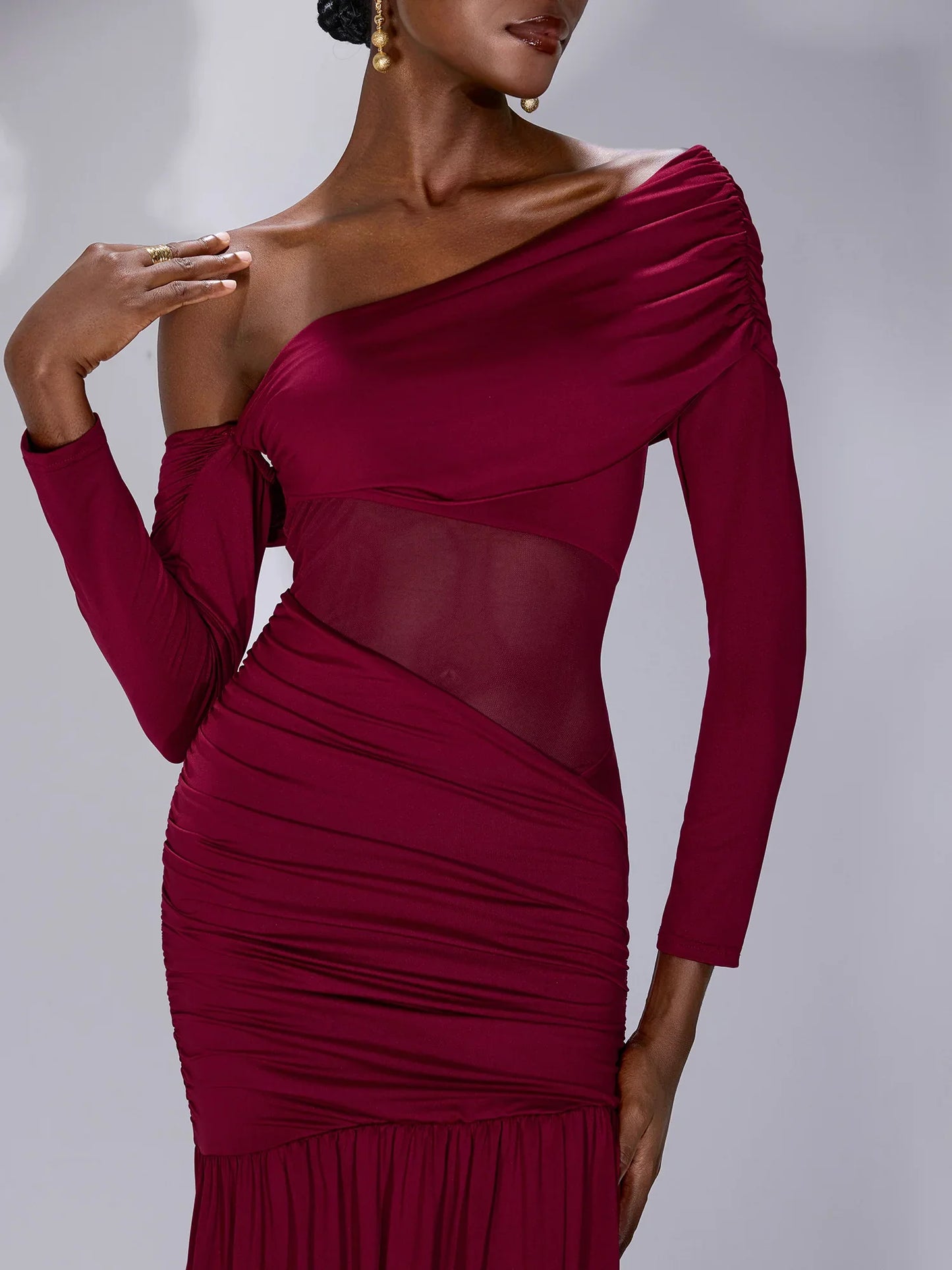 One Shoulder Asymmetric Mesh Maxi Dress