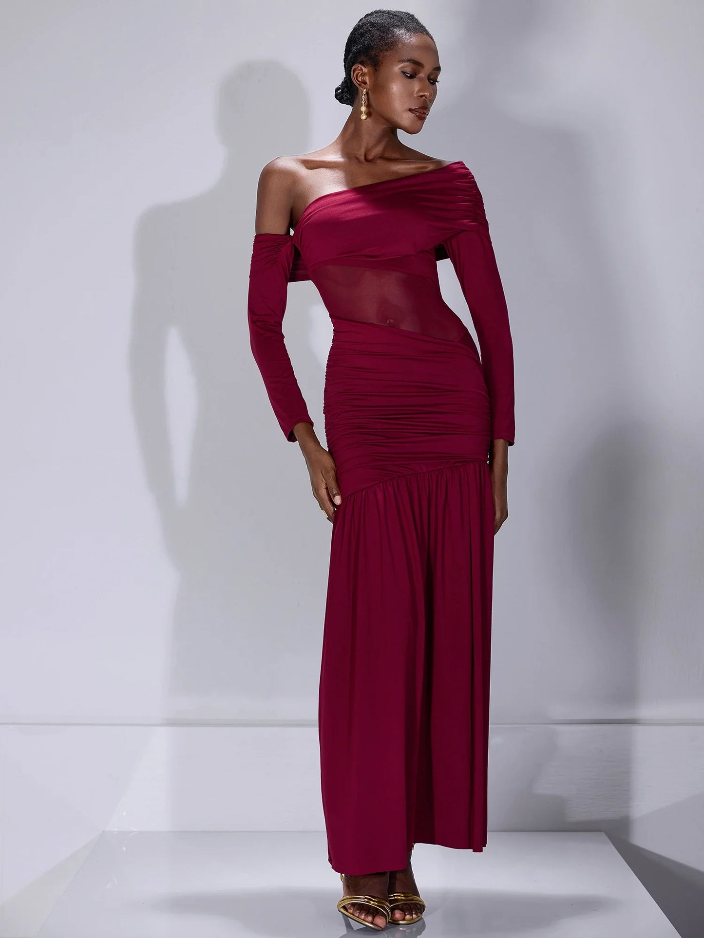 One Shoulder Asymmetric Mesh Maxi Dress