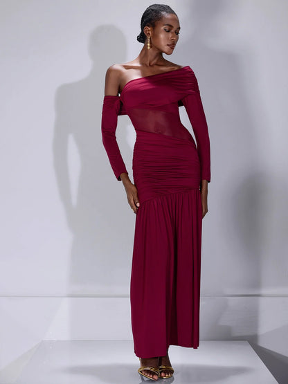 One Shoulder Asymmetric Mesh Maxi Dress