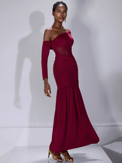 One Shoulder Asymmetric Mesh Maxi Dress