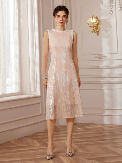 Pearl-Trimmed Round-Neck Corset-Waist Midi Dress