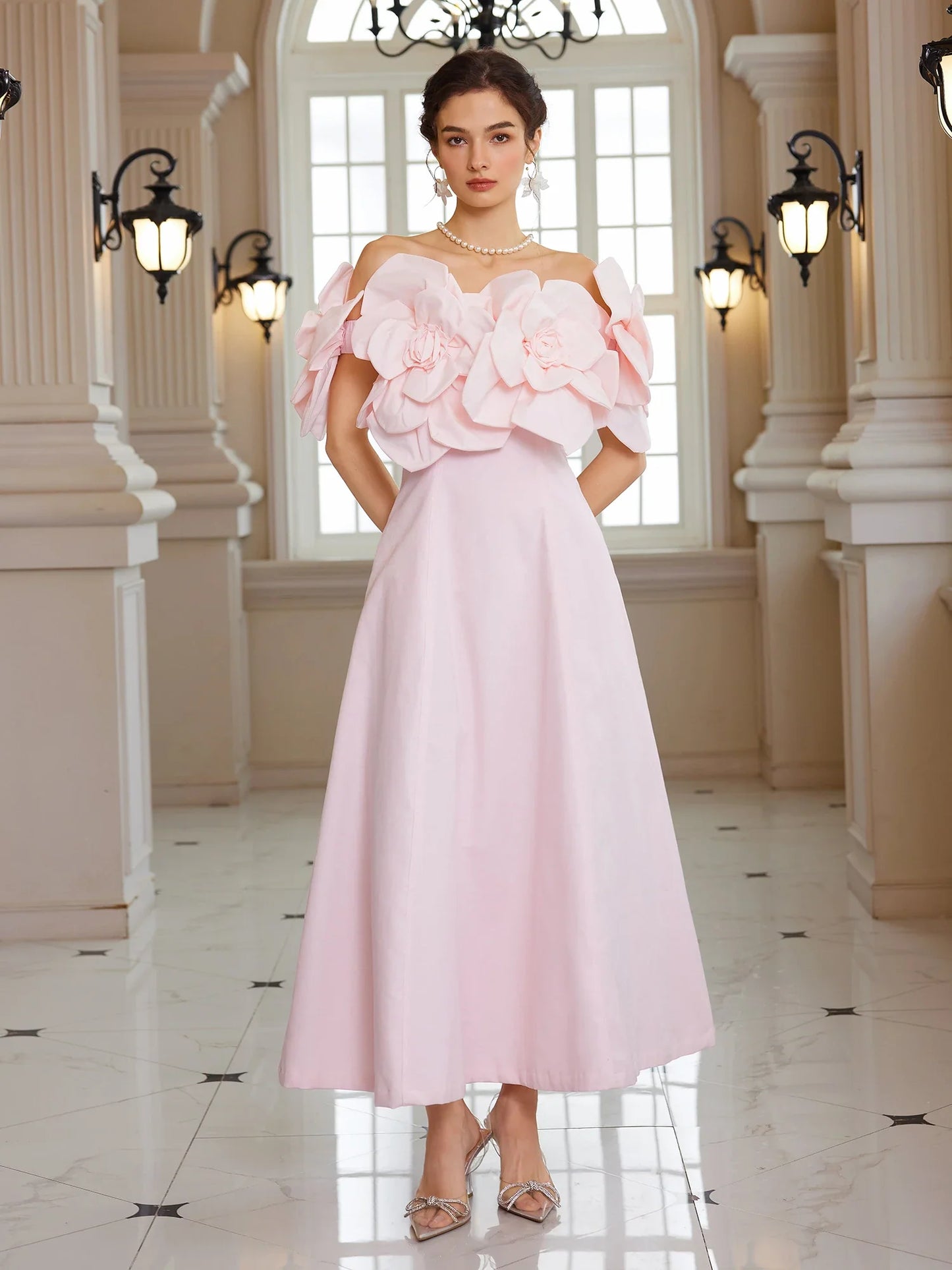 Pink Bloom Off-Shoulder Maxi Dress
