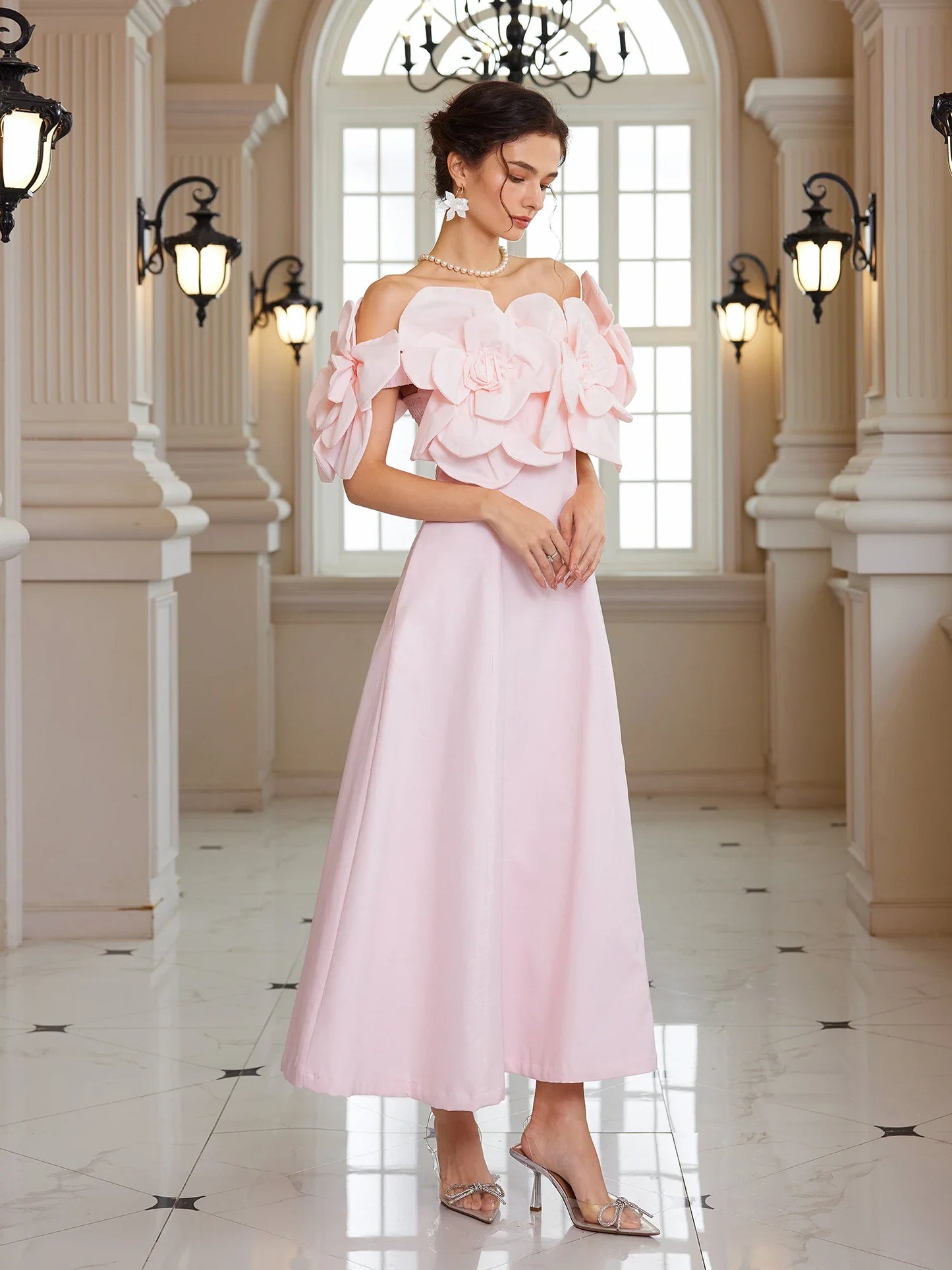 Pink Bloom Off-Shoulder Maxi Dress