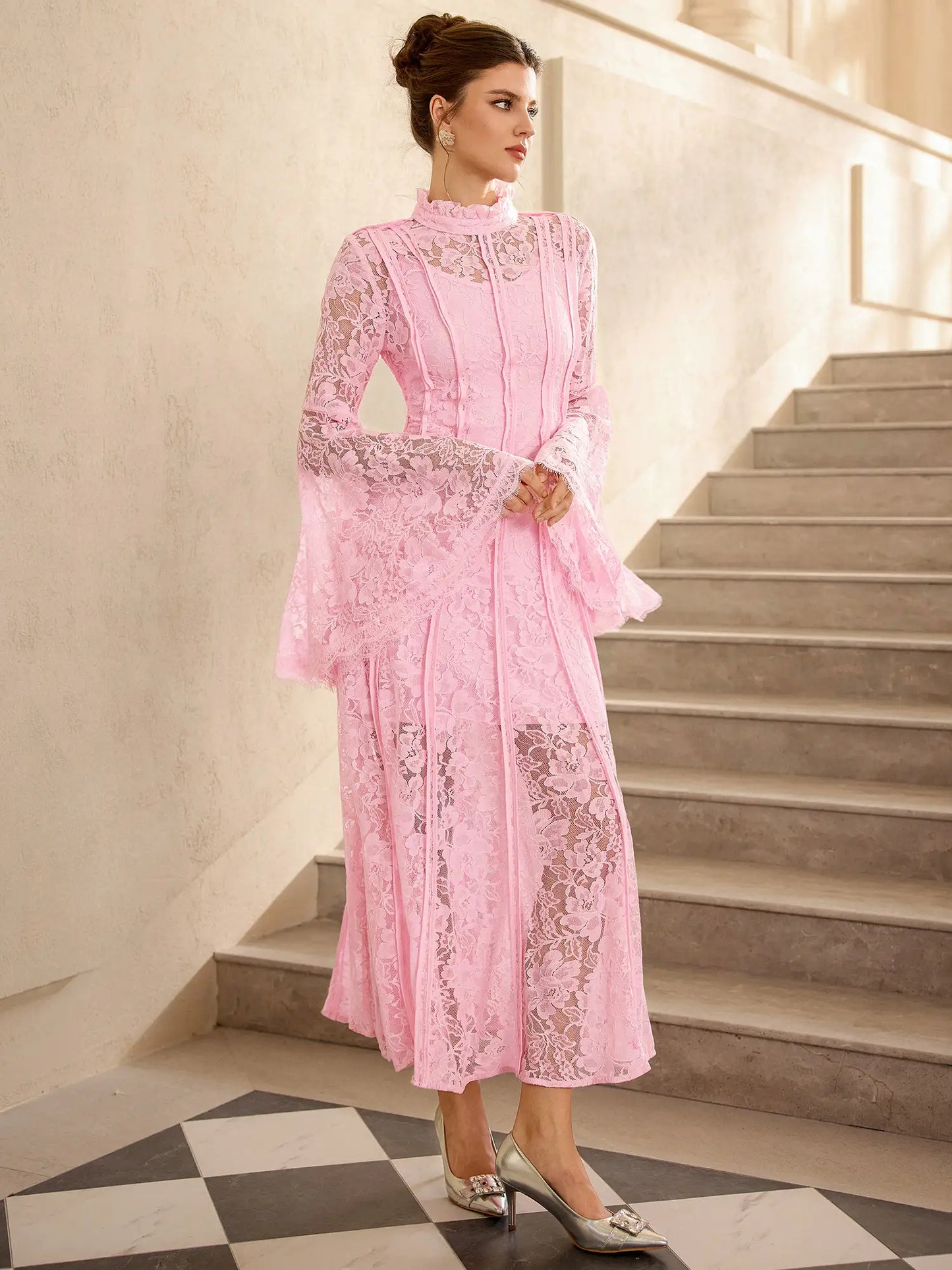 Pink Lace High Neck Flared Sleeve Midi Dress