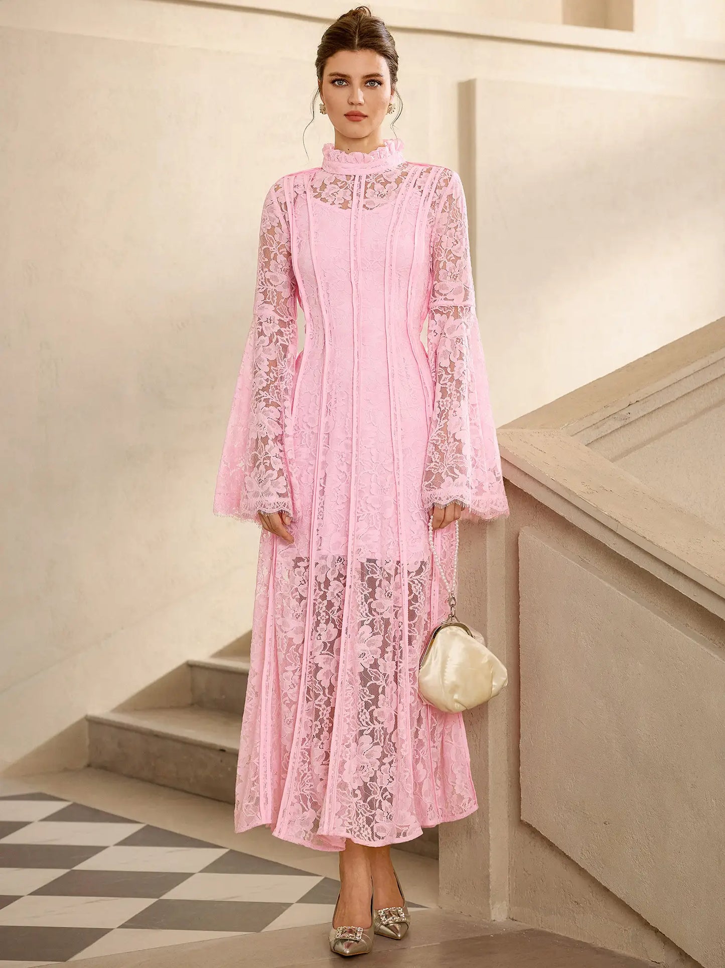 Pink Lace High Neck Flared Sleeve Midi Dress