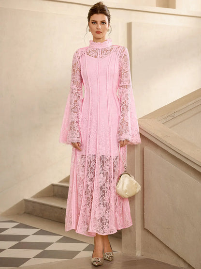 Pink Lace High Neck Flared Sleeve Midi Dress