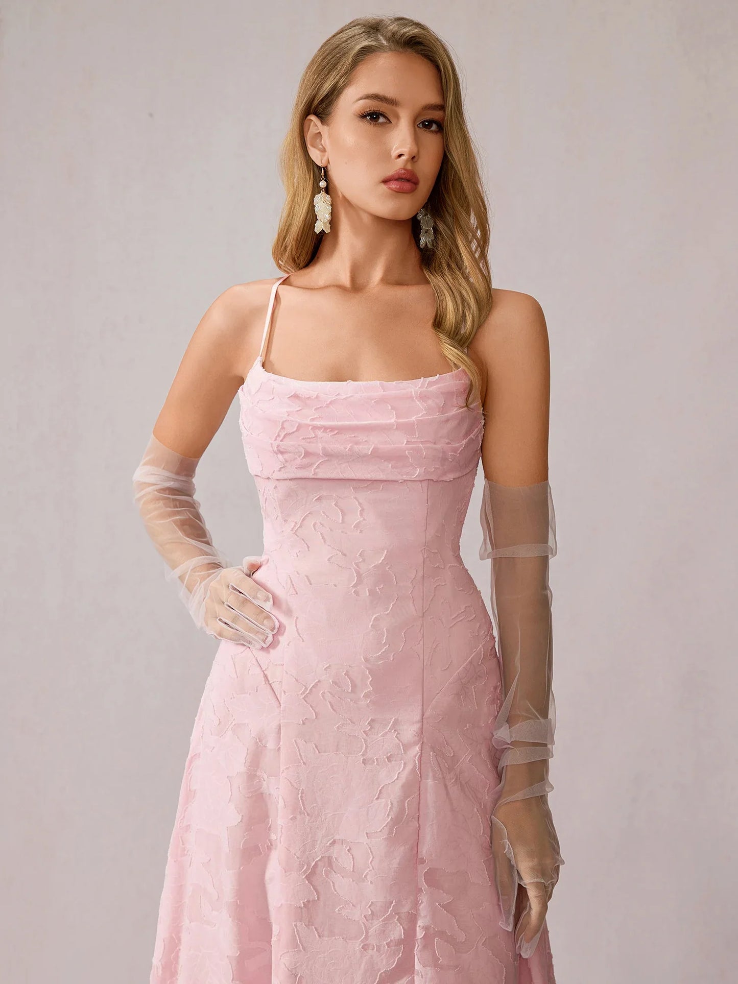 Pink Ruched Mesh Maxi Dress