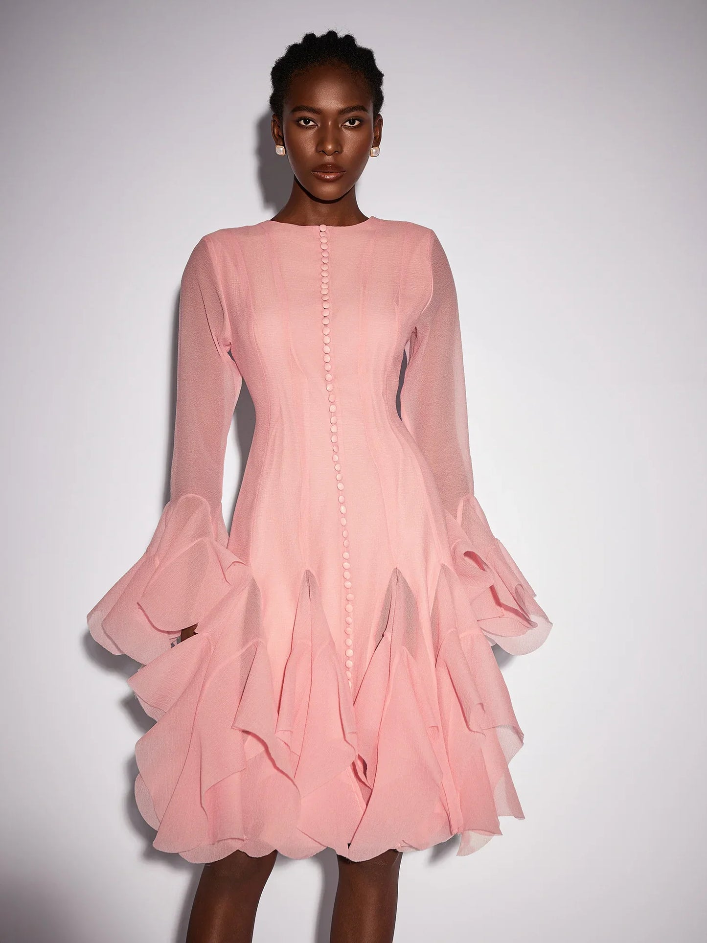 Pink Ruffled Tulle Midi Dress