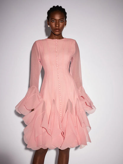 Pink Ruffled Tulle Midi Dress