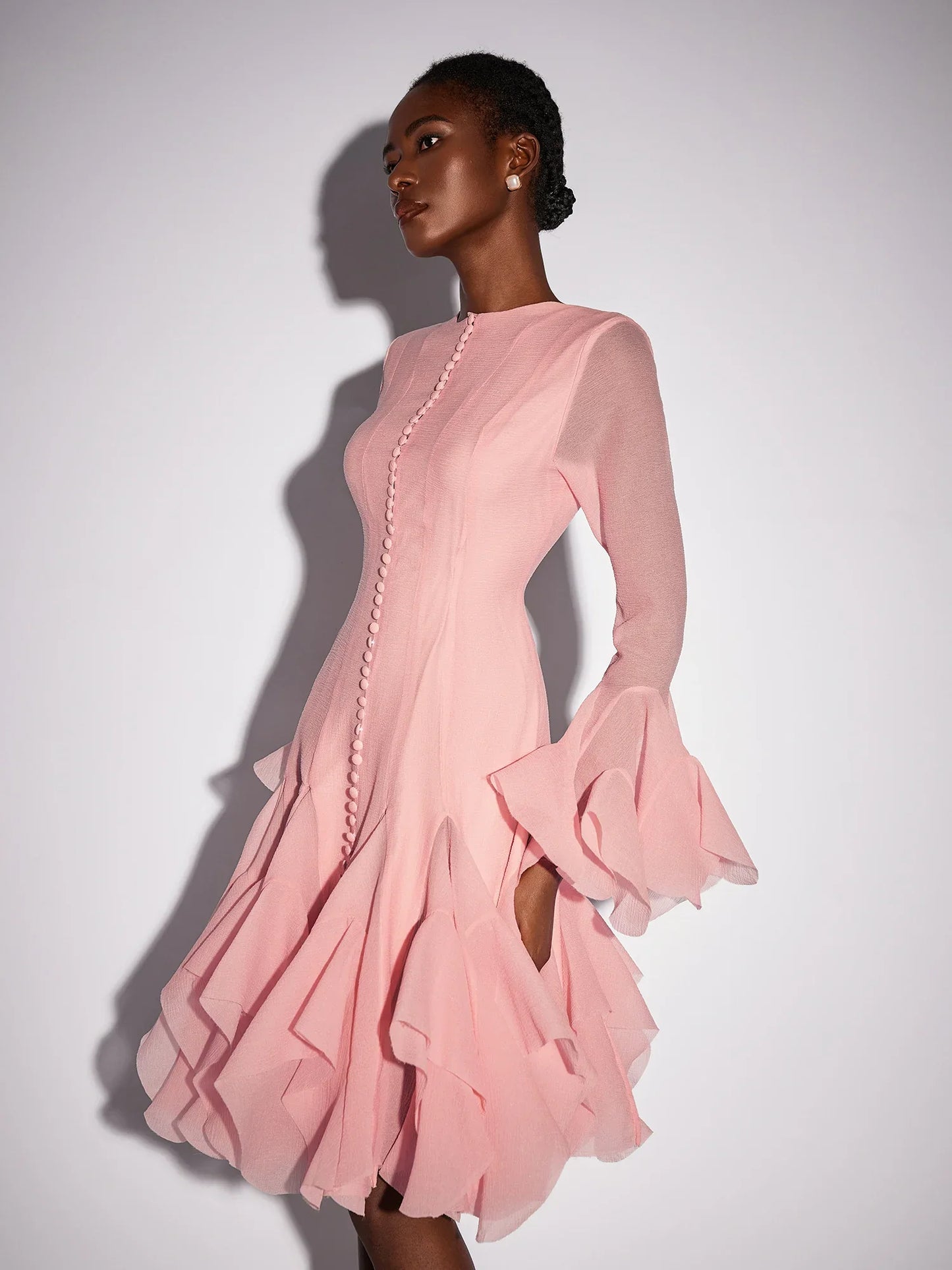 Pink Ruffled Tulle Midi Dress