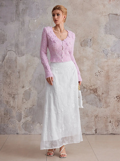 Pink three-dimensional flower V-neck sweater