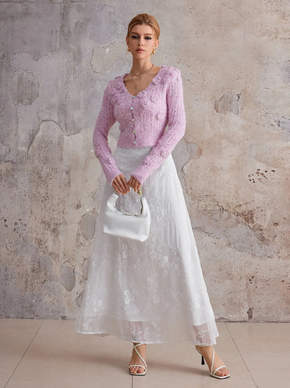 Pink three-dimensional flower V-neck sweater
