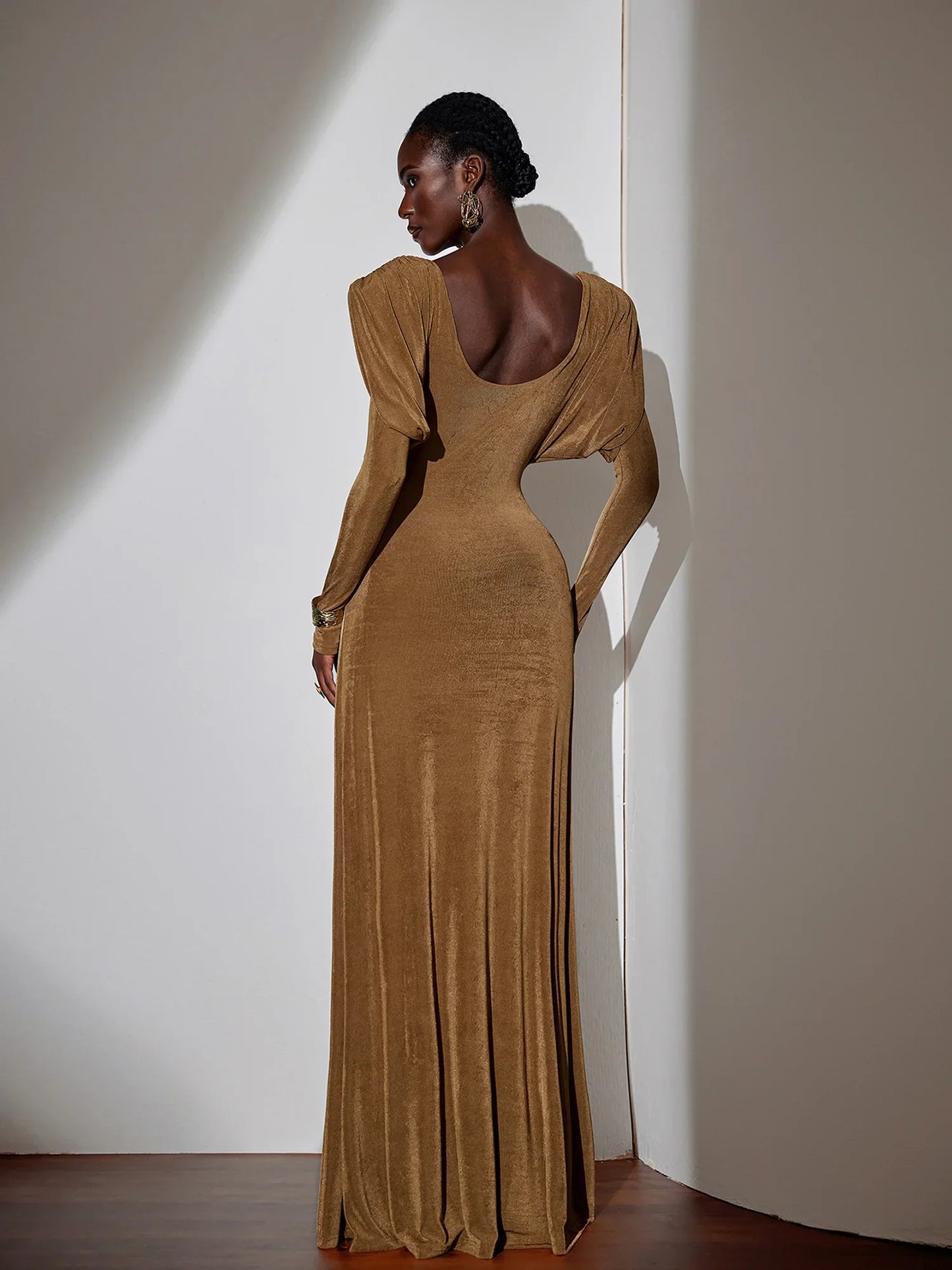 Pleated Bell Sleeve Bardot Neck Maxi Dress