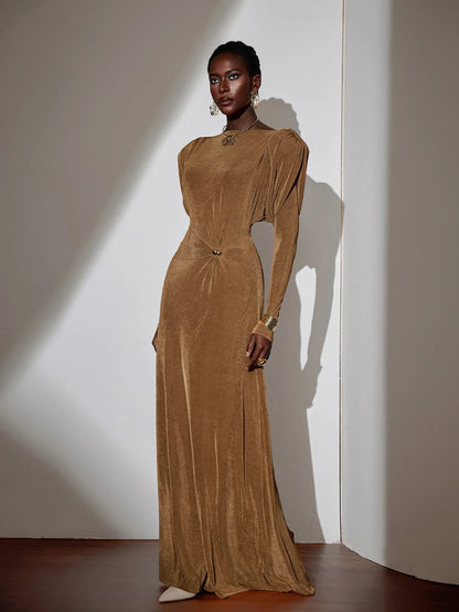 Pleated Bell Sleeve Bardot Neck Maxi Dress