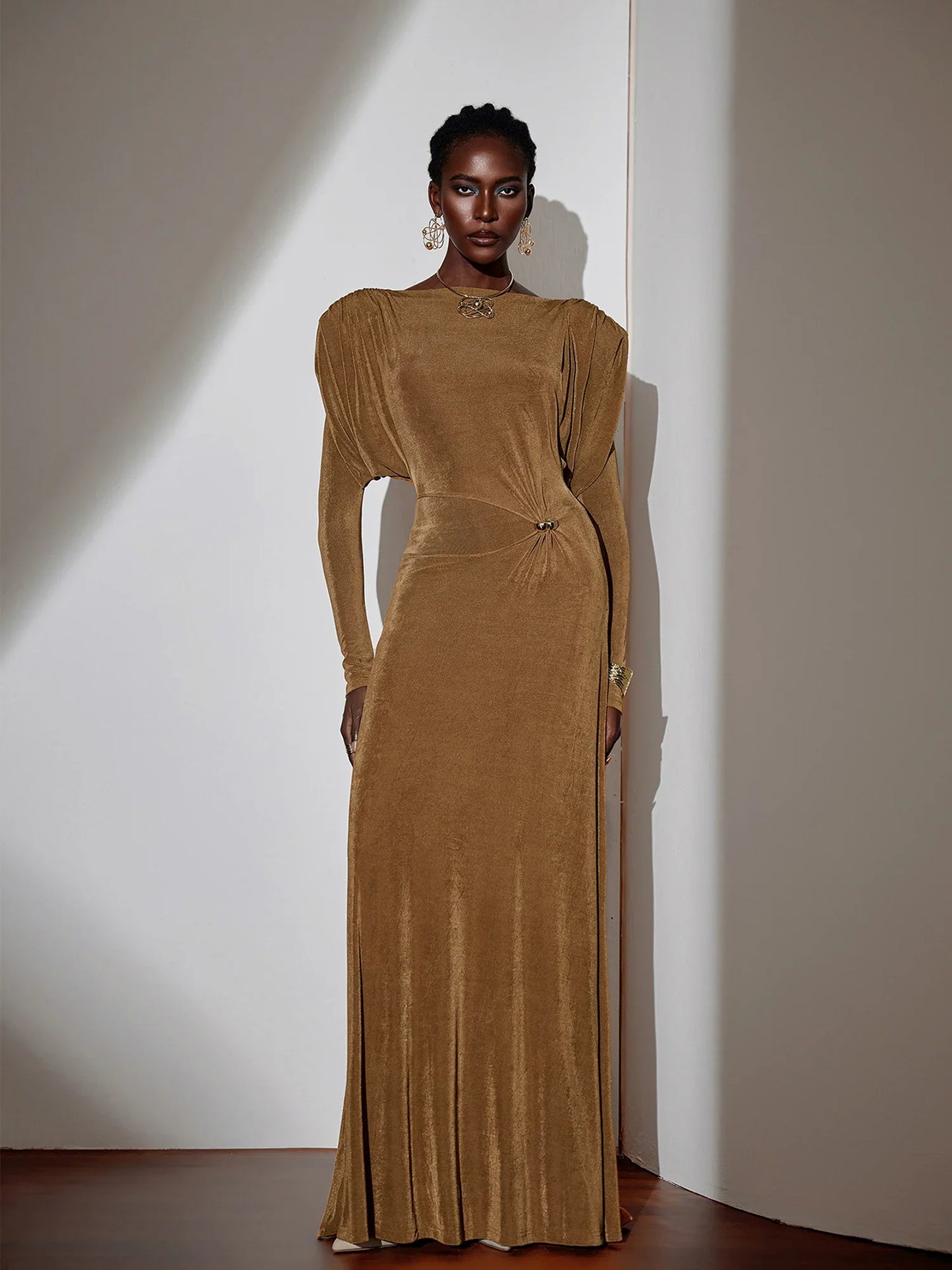 Pleated Bell Sleeve Bardot Neck Maxi Dress