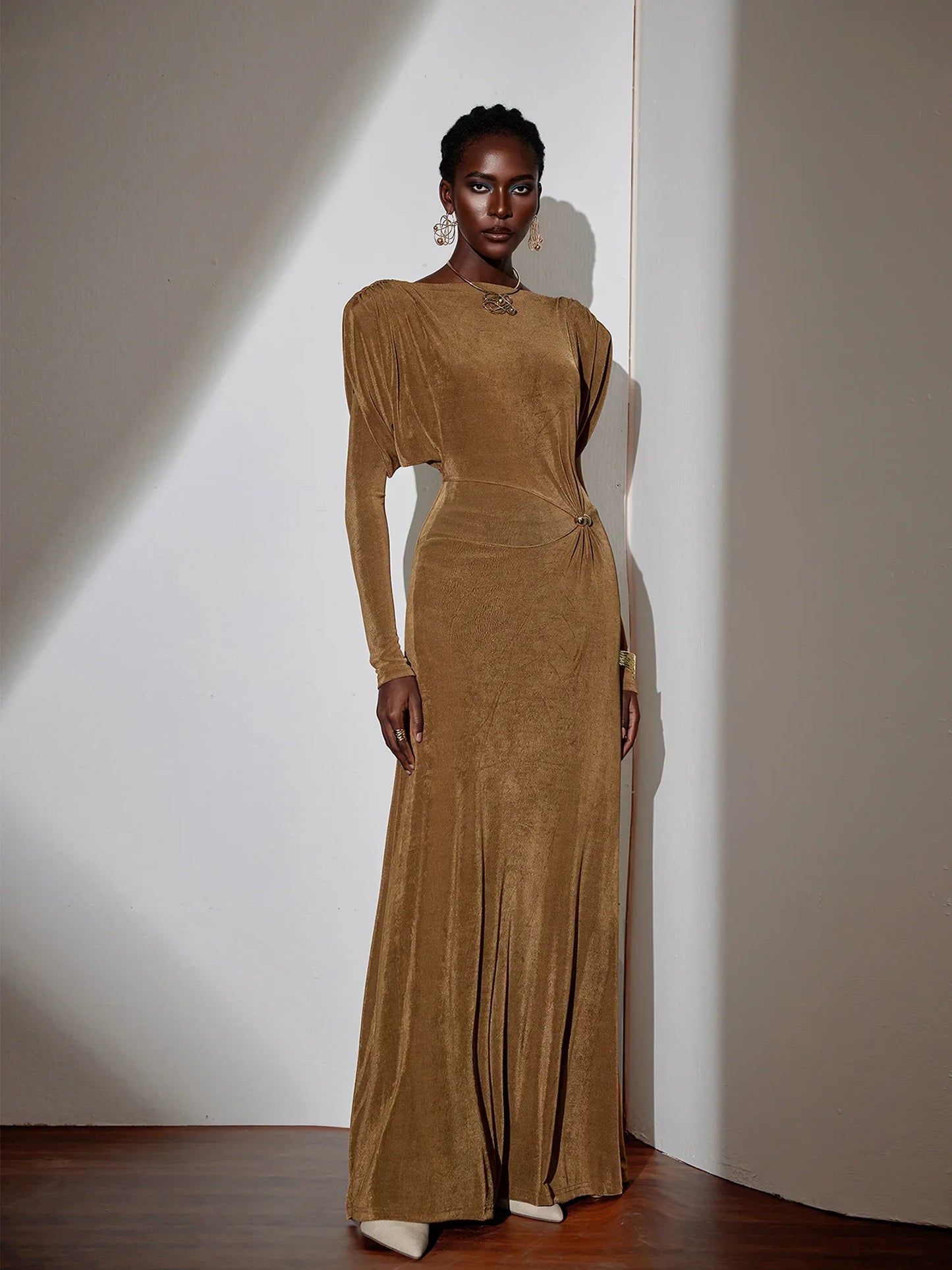 Pleated Bell Sleeve Bardot Neck Maxi Dress
