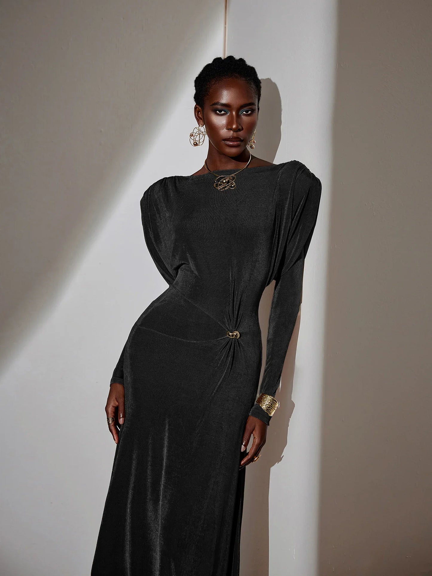 Pleated Bell Sleeve Bardot Neck Maxi Dress