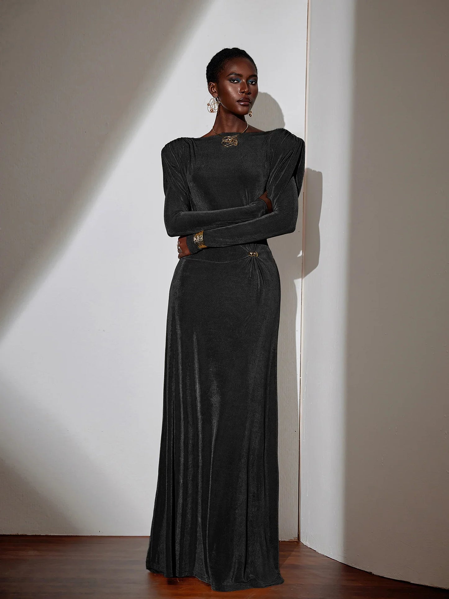 Pleated Bell Sleeve Bardot Neck Maxi Dress