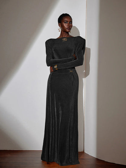 Pleated Bell Sleeve Bardot Neck Maxi Dress