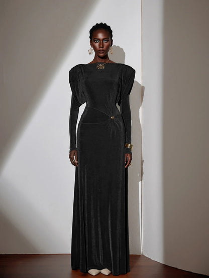 Pleated Bell Sleeve Bardot Neck Maxi Dress