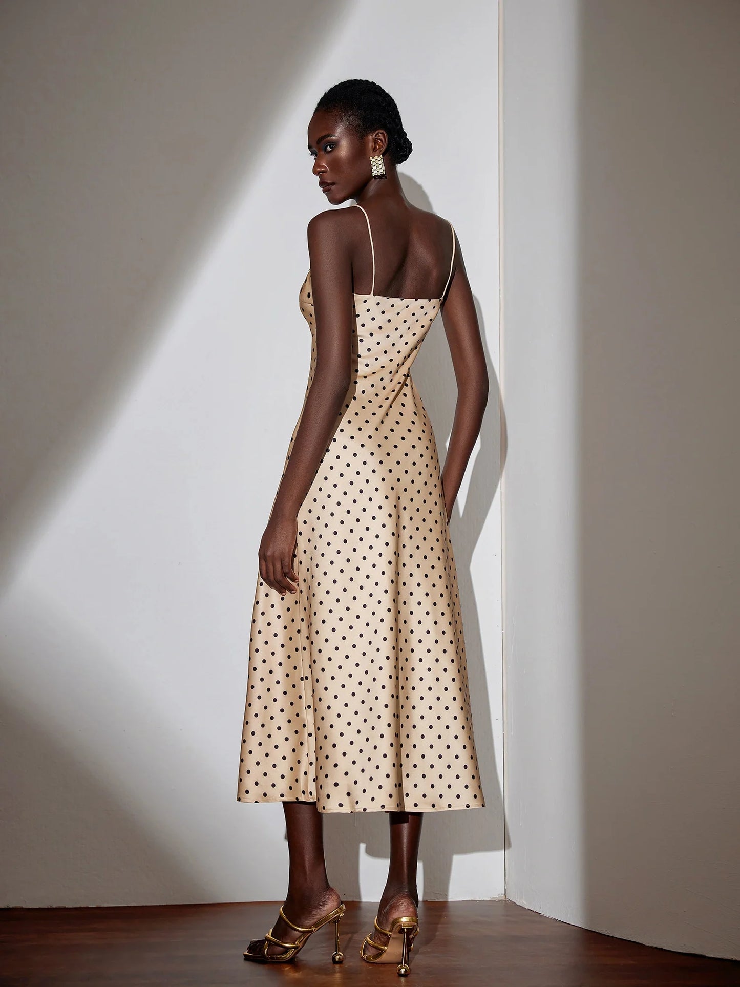 Vintage Brown Polka Dot Midi Dress with Lace Neckline