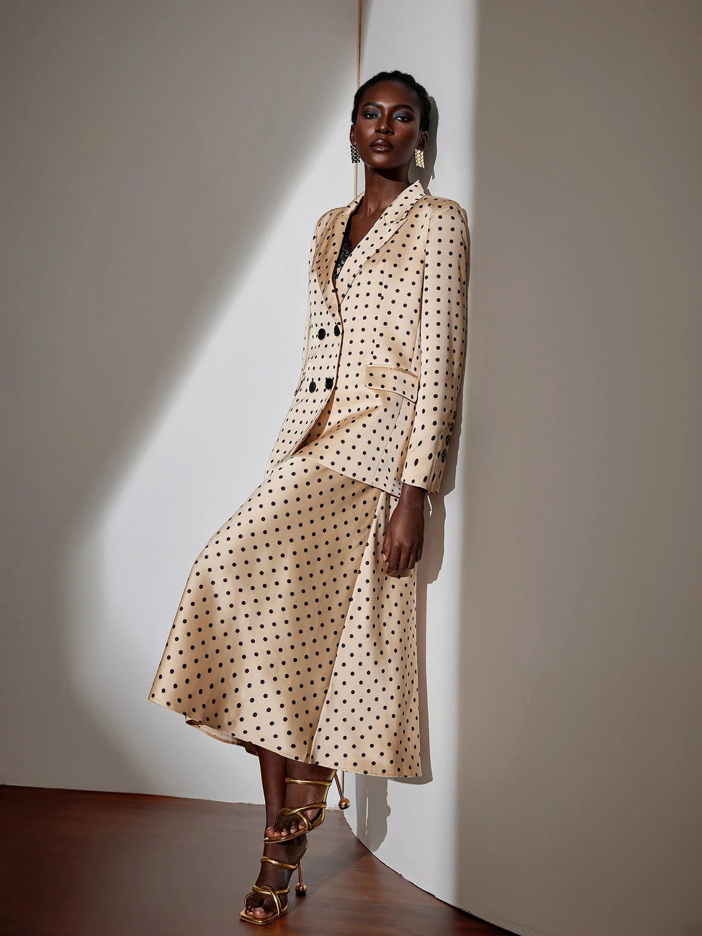 Polka Dot Lace Midi Dress with Blazer Set