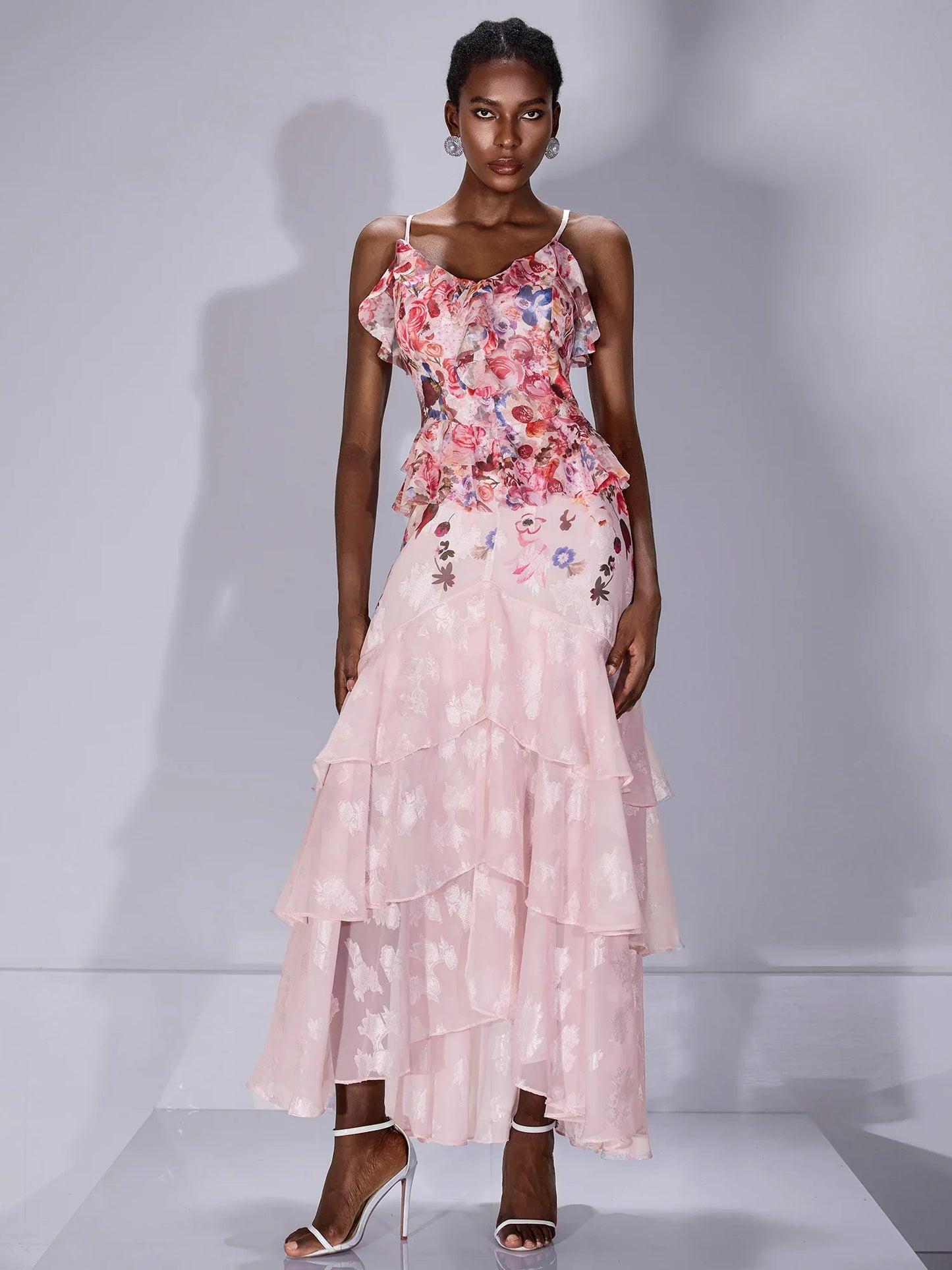 Printed Ruffle-Hem Strap Midi Dress