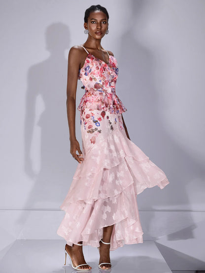 Printed Ruffle-Hem Strap Midi Dress
