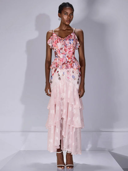 Printed Ruffle-Hem Strap Midi Dress