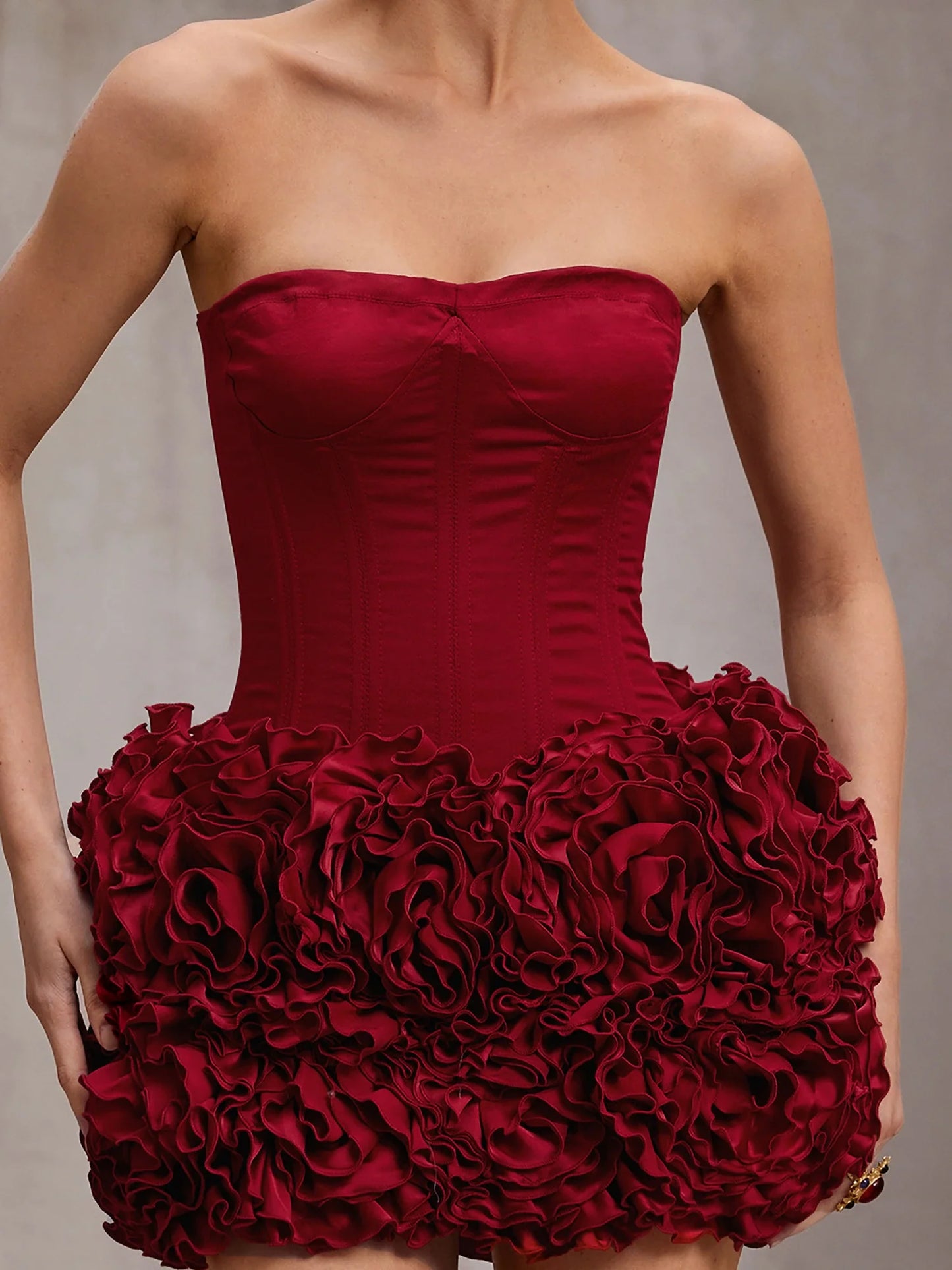 Red fluffy strapless mini dress
