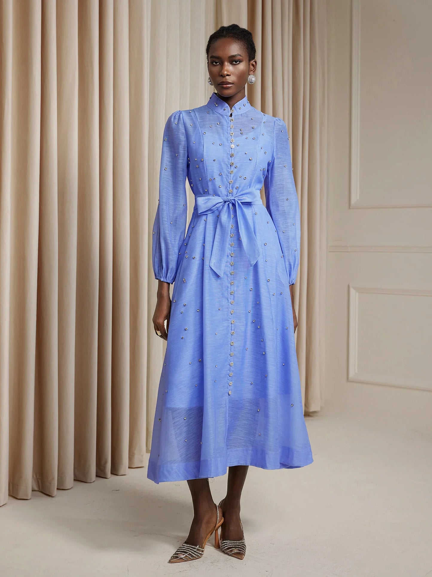 Blue Rhinestone Sheer Tie Midi Dress