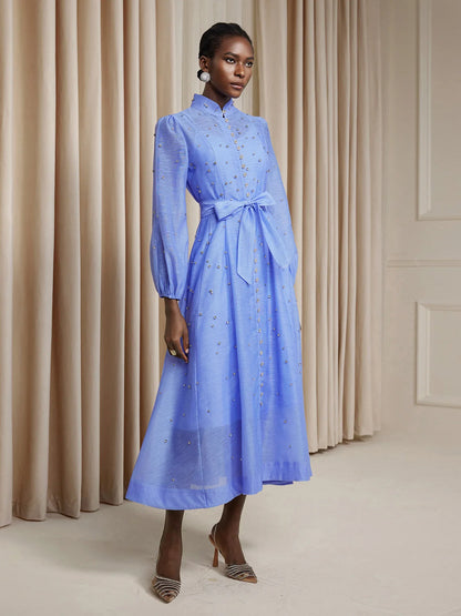 Blue Rhinestone Sheer Tie Midi Dress