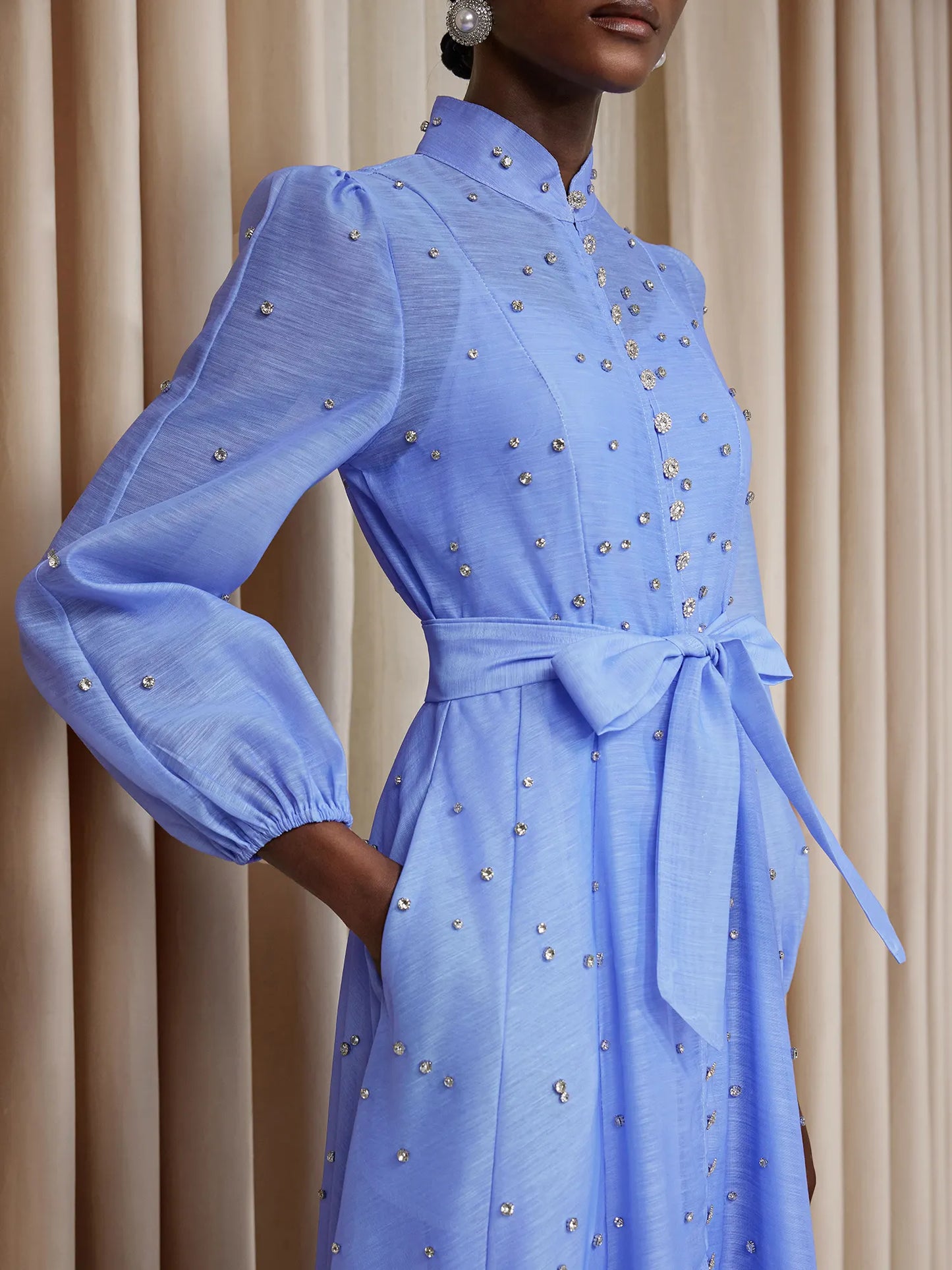 Blue Rhinestone Sheer Tie Midi Dress