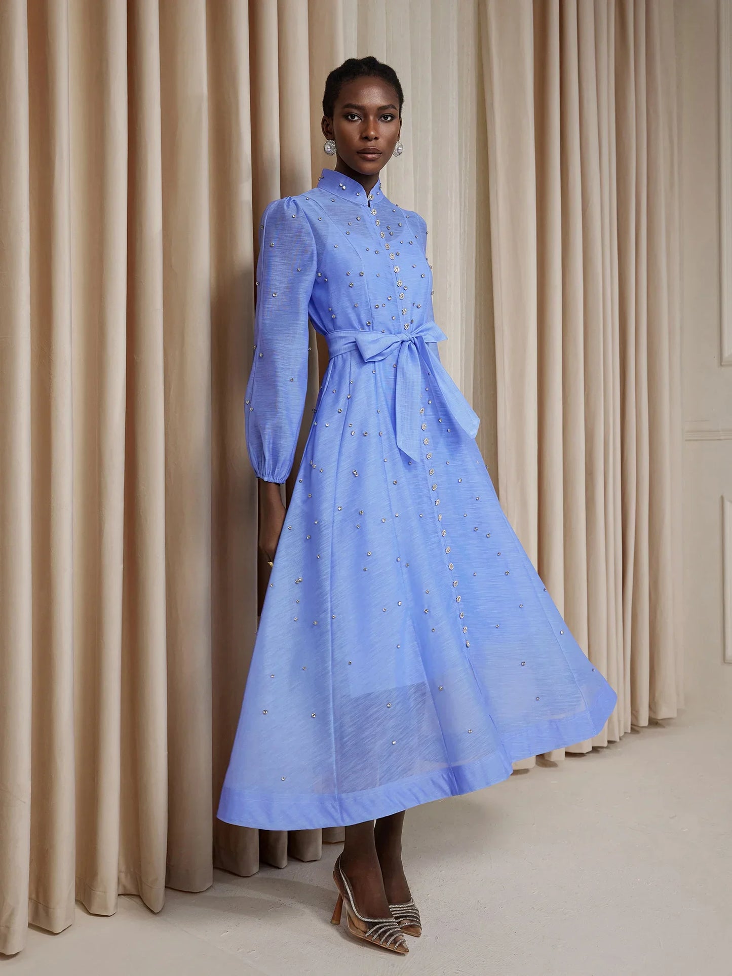 Blue Rhinestone Sheer Tie Midi Dress