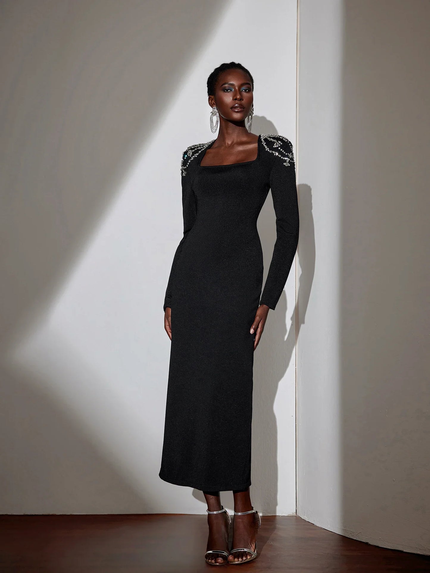 Rhinestone Strap Square Neck Maxi Dress