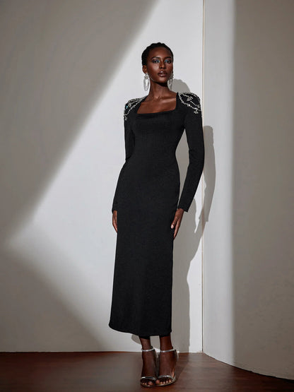 Rhinestone Strap Square Neck Maxi Dress