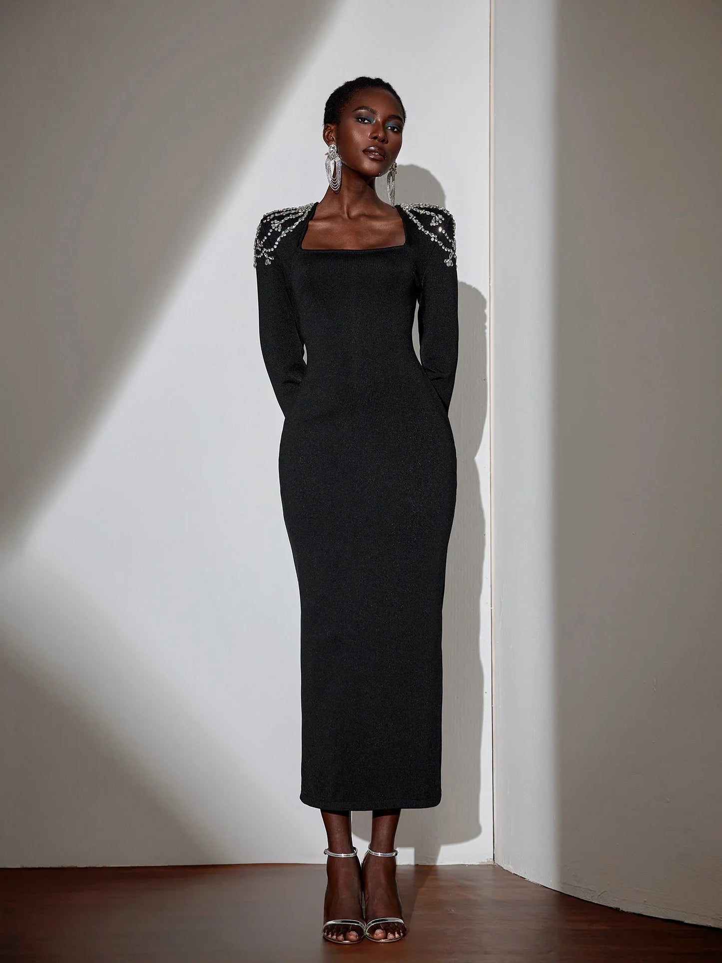 Rhinestone Strap Square Neck Maxi Dress